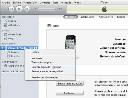 AjpdSoft Copia de seguridad (backup) de los datos del iPhone con 
iTunes