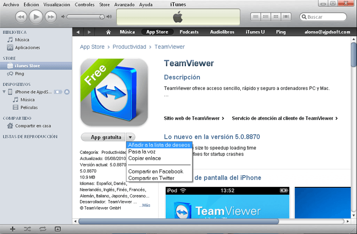 AjpdSoft Instalar TeamViewer en el iPhone con iTunes