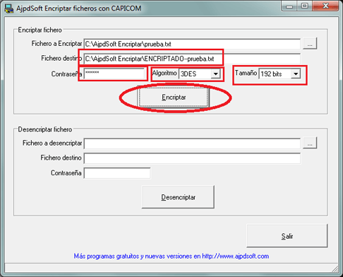 AjpdSoft La aplicación AjpdSoft Encriptar ficheros con CAPICOM en  funcionamiento