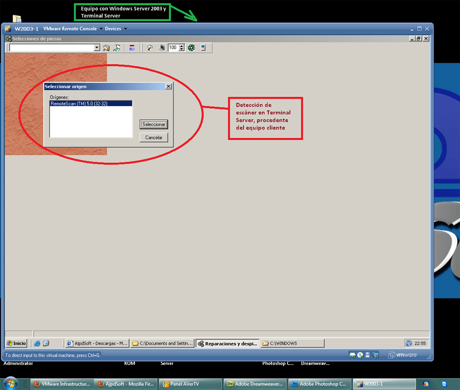 AjpdSoft Escanear o digitalizar en entornos Terminal Server de Windows - Probando el escner remoto en Windows Server 2003 con Terminal Server