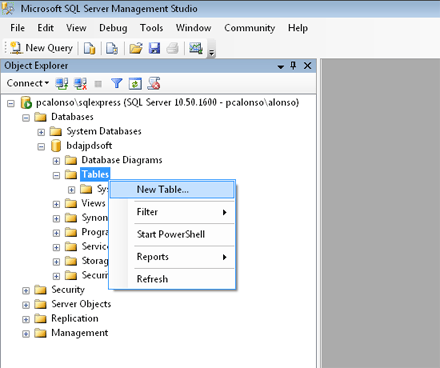 AjpdSoft Crear una tabla en una base de datos SQL Server 2008 R2  desde Microsoft SQL Server Management Studio