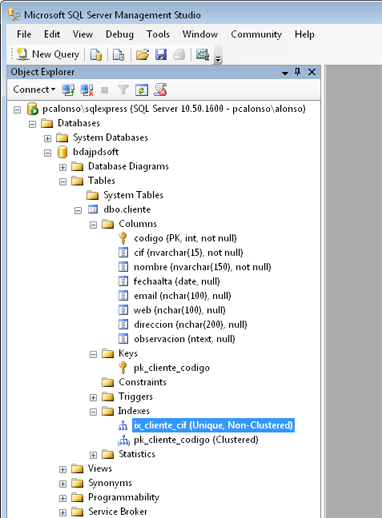AjpdSoft Crear una tabla en una base de datos SQL Server 2008 R2  desde Microsoft SQL Server Management Studio