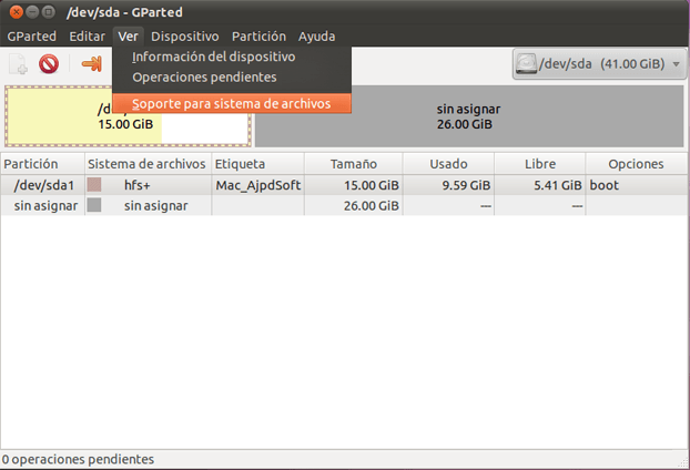 AjpdSoft Redimensionar disco duro Mac OS X (HFS+) con GNU Linux 
Ubuntu Live CD, GParted y hfsprogs