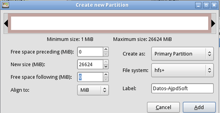AjpdSoft Crear partición HFS Plus de Mac OS X con Parted Magic