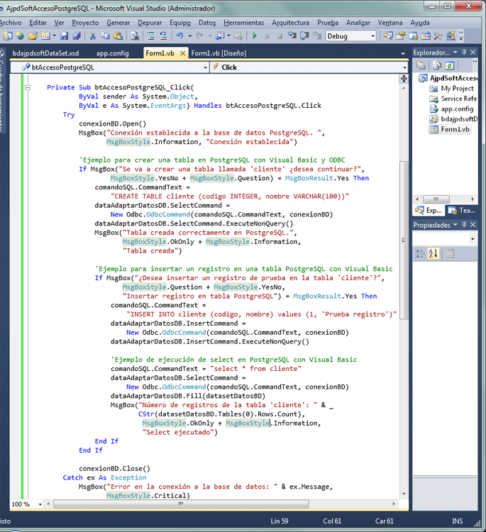 AjpdSoft Desarrollar aplicación con Visual Basic .Net de Visual 
Studio 2010 con acceso a PostgreSQL sin usar componentes visuales