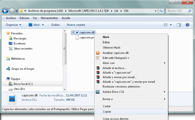 AjpdSoft Registro de la librería capicom.dll en Windows 7