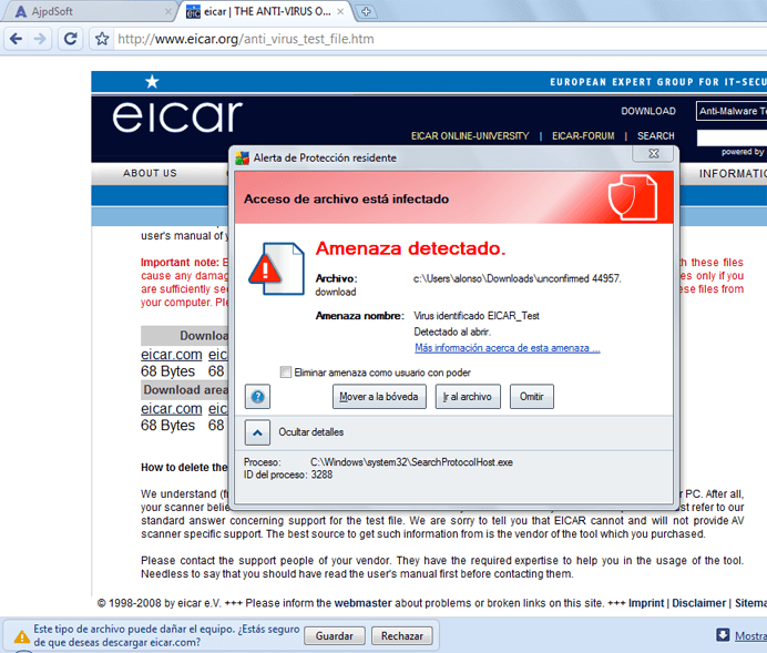 Prueba EICAR de navegación web para AVG Free